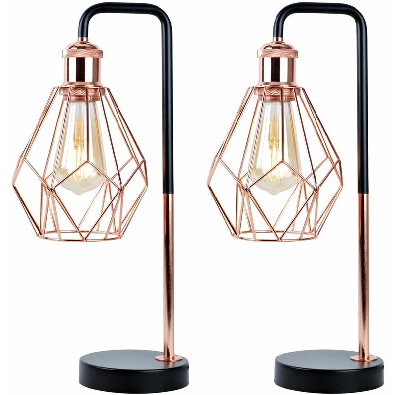 Set of 2 Matt Black & Copper Geometric Table Lamps