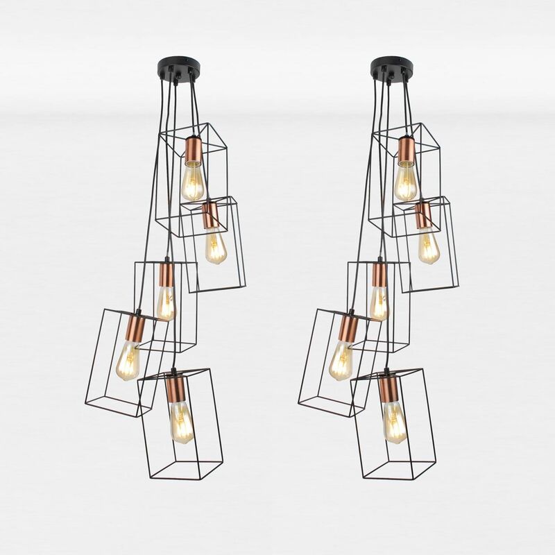 First Choice Lighting - Set of 2 Matt Black With Brushed Copper Detail 5 Light Pendants