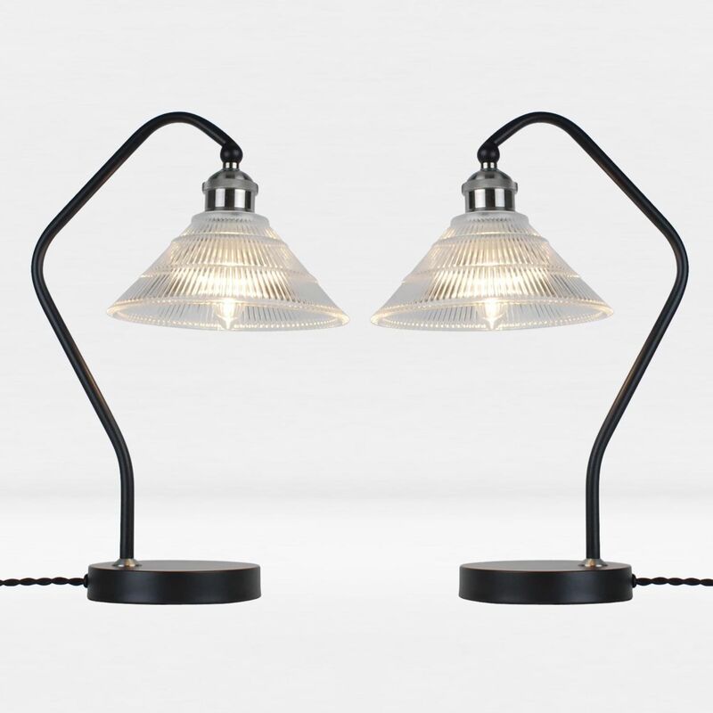 Set of 2 Matt Black With Fluted Glass Table Lamps