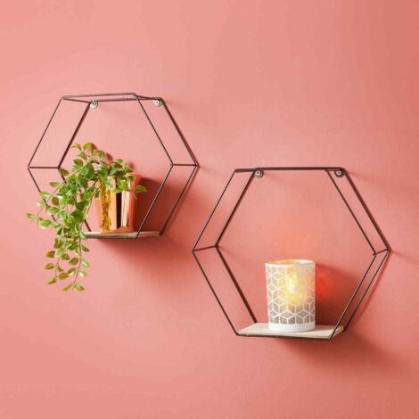 Set of 2 Metal WiRed Hexagon Wall Floating Shelves Elegant Design Fully Assembled Display Unit (Black)