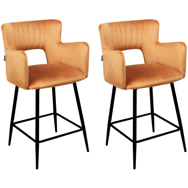 Beliani - Set Of 2 Modern Bar Chairs Velvet Seat With Armrests Tufted Back Orange Sanilac