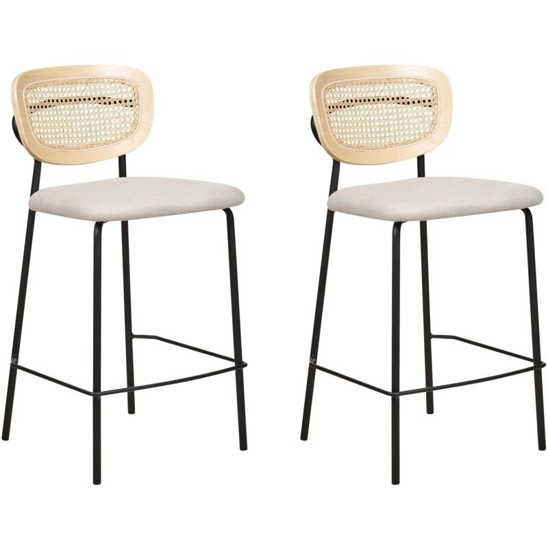 Beliani - Set Of 2 Modern Bar Chairs Viennese Braid Rattan Backrest Stools Polyester Seat Armless Black Legs Light Beige Mayetta