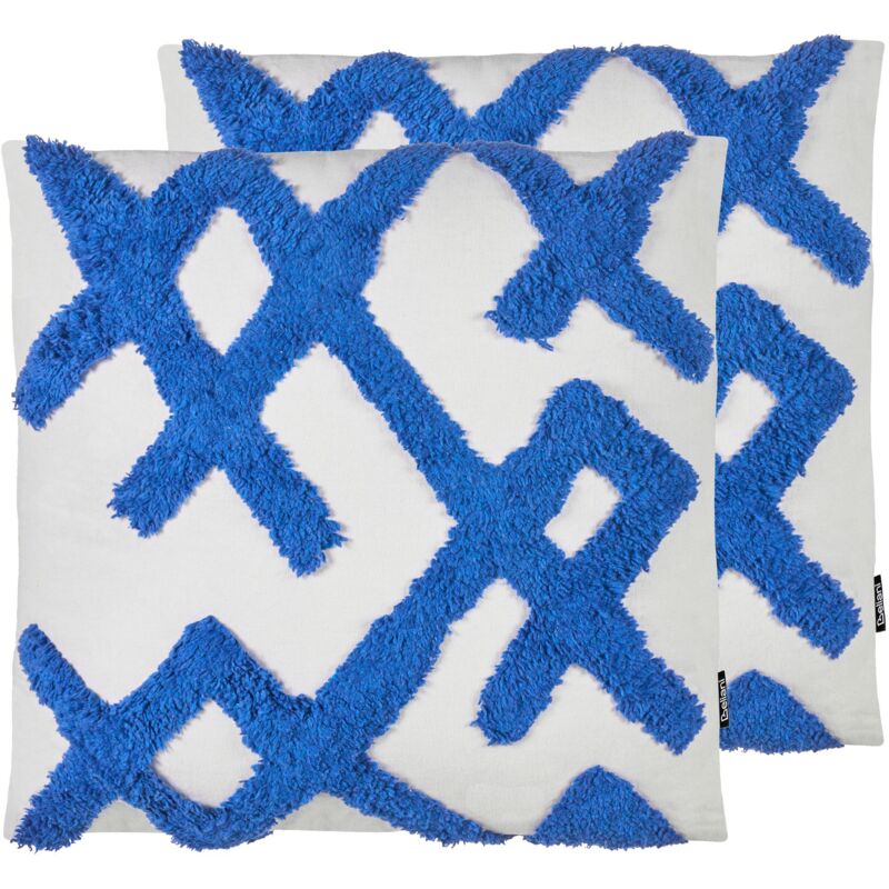 Beliani Set Of 2 Modern Decorative Throw Cushions Cotton Geometric Shapes Pattern Square 45 X 45 Cm Removable Cover Blue And White Hazel
