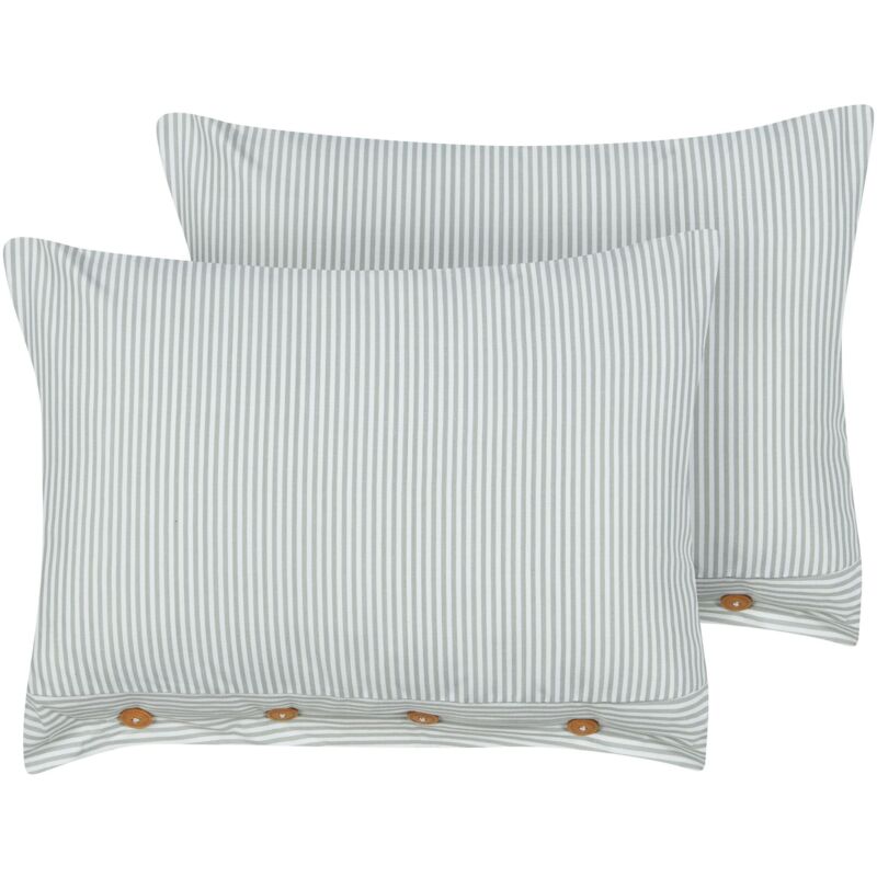 Beliani - Set Of 2 Modern Decorative Throw Cushions Striped Pattern Square 40 X 60 Cm Buttons Green And White Sebrine