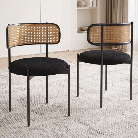 Set of 2 Modern Dining Chair Boucle Fabric Upholstered with Woven Rattan Back for Home, Office, and Café, Black