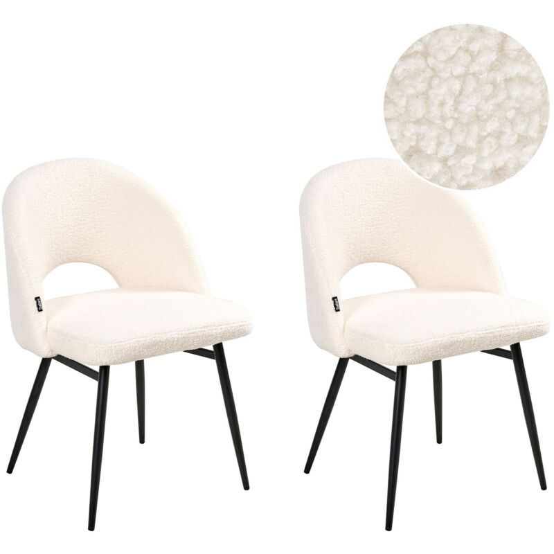 Beliani Set Of 2 Modern Dining Chairs Boucle Fabric Upholstery Cut-out Backrest Seat Living Room Dining White Onaga Ii