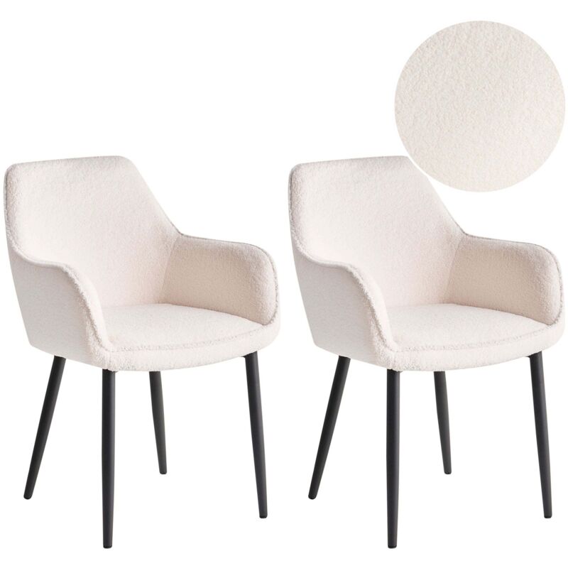 Beliani - Set Of 2 Modern Dining Chairs Boucle Fabric Upholstery With Armrests Seat Living Room Dining White Alden