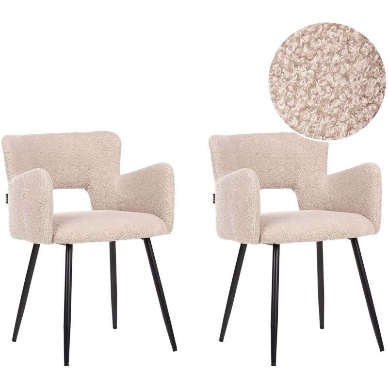 Beliani Set Of 2 Modern Dining Chairs Boucle Seat With Armrests Tufted Beige Sanilac