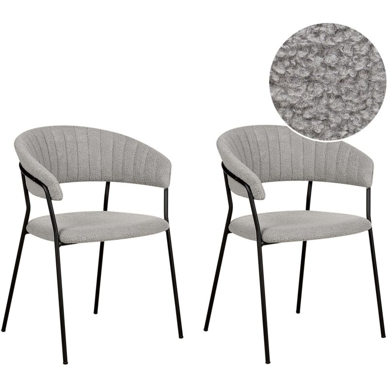 Beliani Set Of 2 Modern Dining Chairs Fabric Boucle Upholstered Seat With Armrests Curved Back Black Legs Grey Mariposa