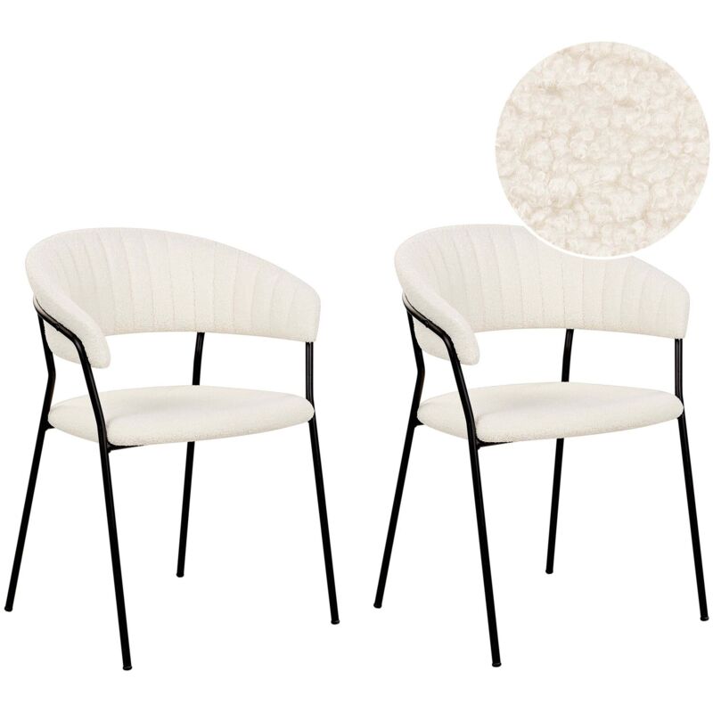 Beliani Set Of 2 Modern Dining Chairs Fabric Boucle Upholstered Seat With Armrests Curved Back Black Legs Off-white Mariposa