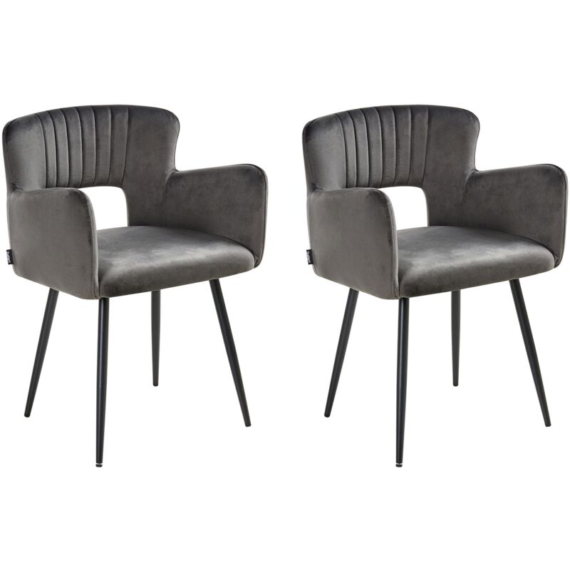 Beliani - Set Of 2 Modern Dining Chairs Velvet Seat With Armrests Tufted Dark Grey Sanilac