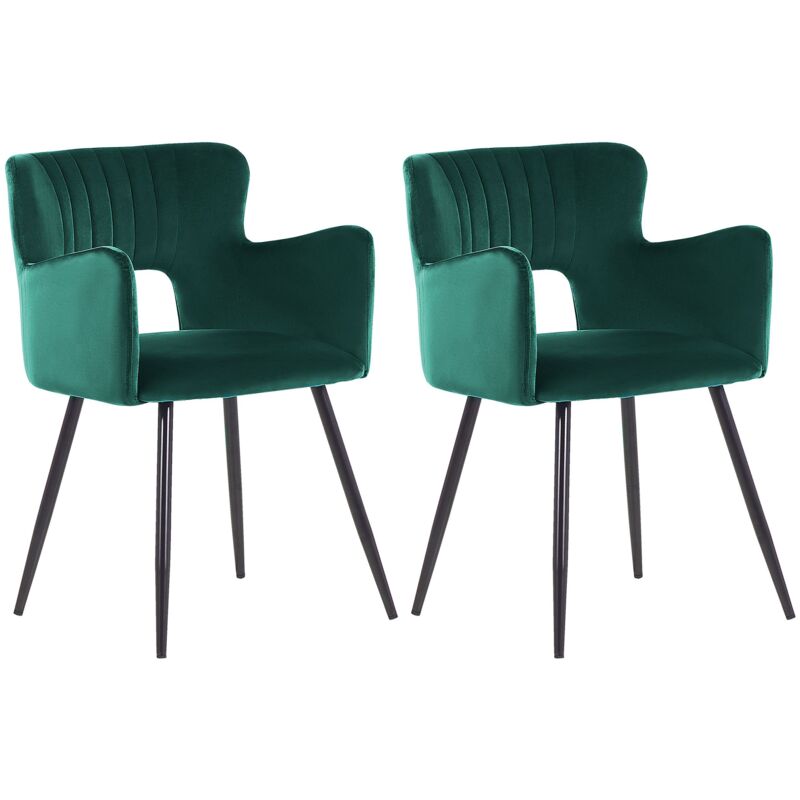 Beliani - Set Of 2 Modern Dining Chairs Velvet Seat With Armrests Tufted Emerald Green Sanilac