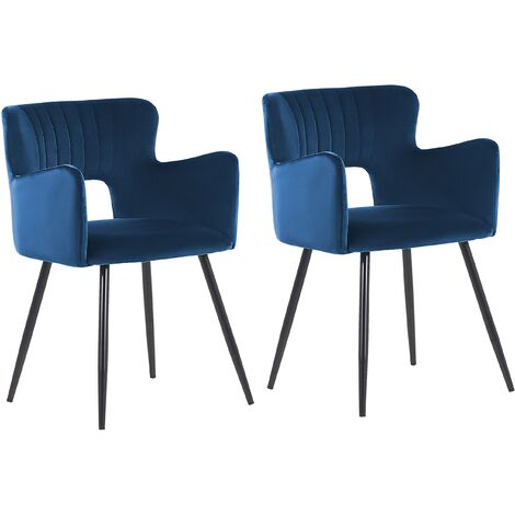 Set of 2 Modern Dining Chairs Velvet Seat with Armrests Tufted Navy Blue Sanilac