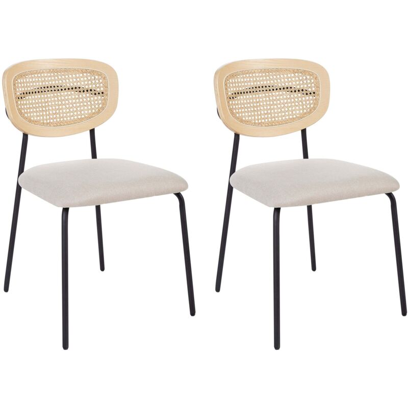 Beliani Set Of 2 Modern Dining Chairs Viennese Braid Rattan Backrest Stools Polyester Seat Armless Black Legs Light Beige Mayetta