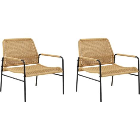 Set of 2 Modern PE Rattan Garden Armchairs Black Metal Frame Natural Prasimo