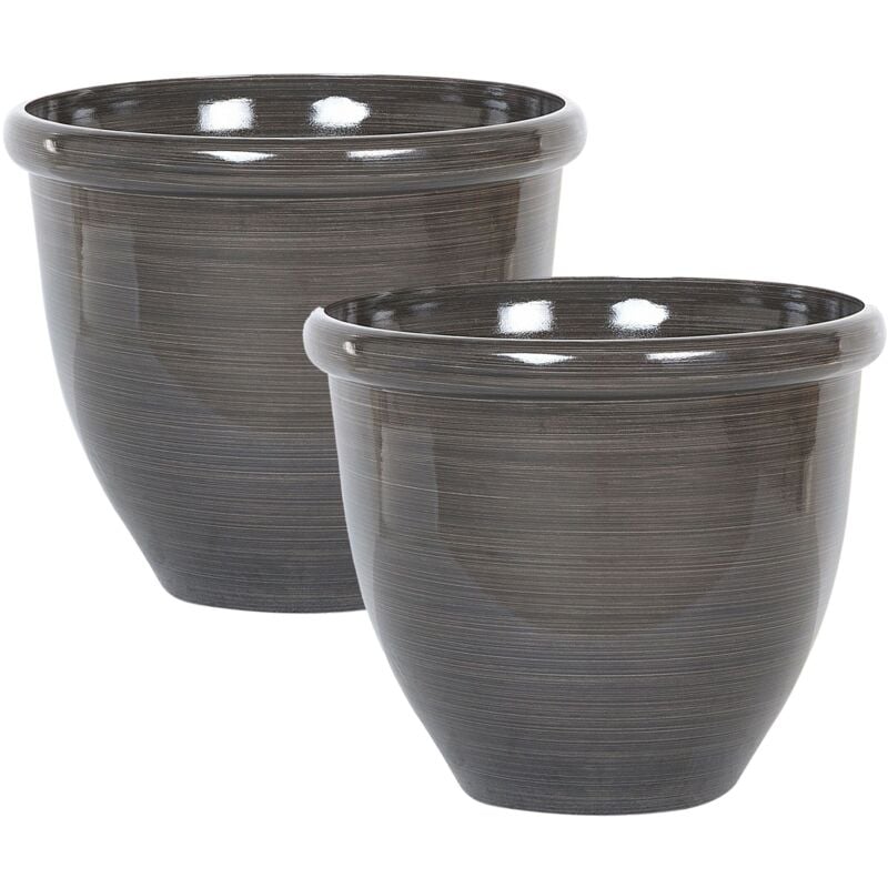 Set of 2 Modern Round Garden Flower Pot Planters High Gloss Stone 44 x 38 cm Brown Tesalia