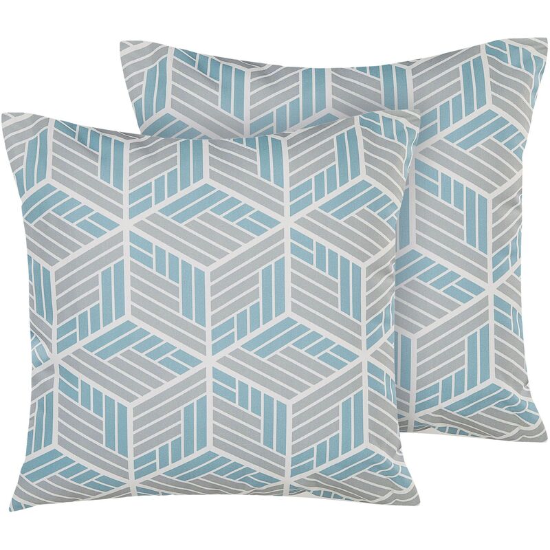 Beliani - Set of 2 Garden Pillows Geometric 3D Pattern 45 x 45 cm Grey and Blue Veggio