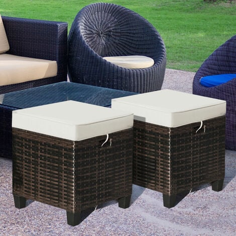 Set of 2 Outdoor Rattan Footstool Wicker Ottoman Chair Seat w/ Padded Cushions