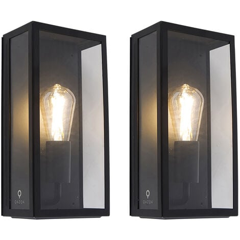 QAZQA Set of 2 Outdoor Wall Lights Black IP44 with Glass - Rotterdam