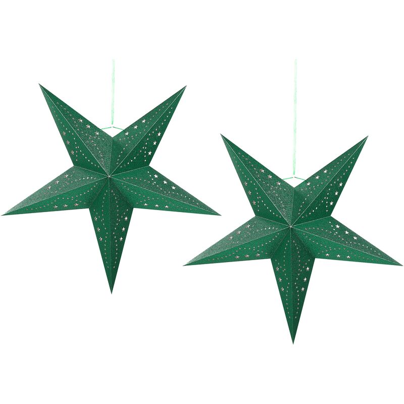 Set of 2 Paper LED Glitter Stars Hanging Christmas Decor 60 cm Green Motti - Green