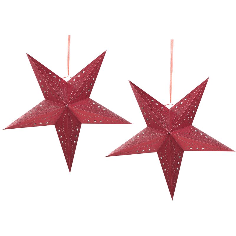 Set of 2 Paper led Glitter Stars Hanging Christmas Decor 60 cm Red Motti - Red