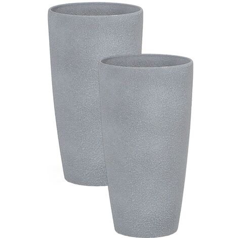BELIANI Set of 2 Plant Pots Planters Stone Fiberglass Natural Raw Garden Patio Grey Small Abdera