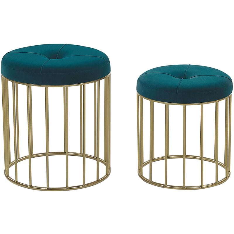 Set of 2 Glam Pouffes Velvet Upholstery Iron Base Teal Blue Gold Lubbock