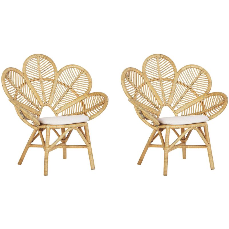 Beliani - Set Of 2 Peacock Chairs Boho Garden Rattan Cotton Seat Pad Beige Florentine