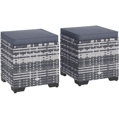 Set of 2 Rattan Storage Ottoman, Outdoor Footstool with Removable Cushions, Garden Storage Seat for Balcony, Porch, Living Room, Dark Grey