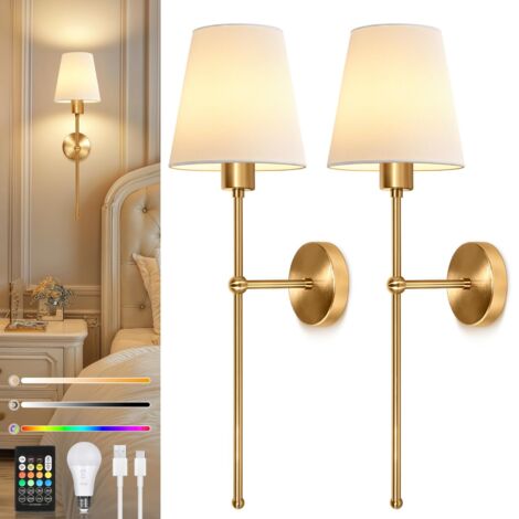 Set Of 2 Rechargeable Indoor Wall Lights RGB Dimmable Wireless Lamps Remote Control Vintage Fabric