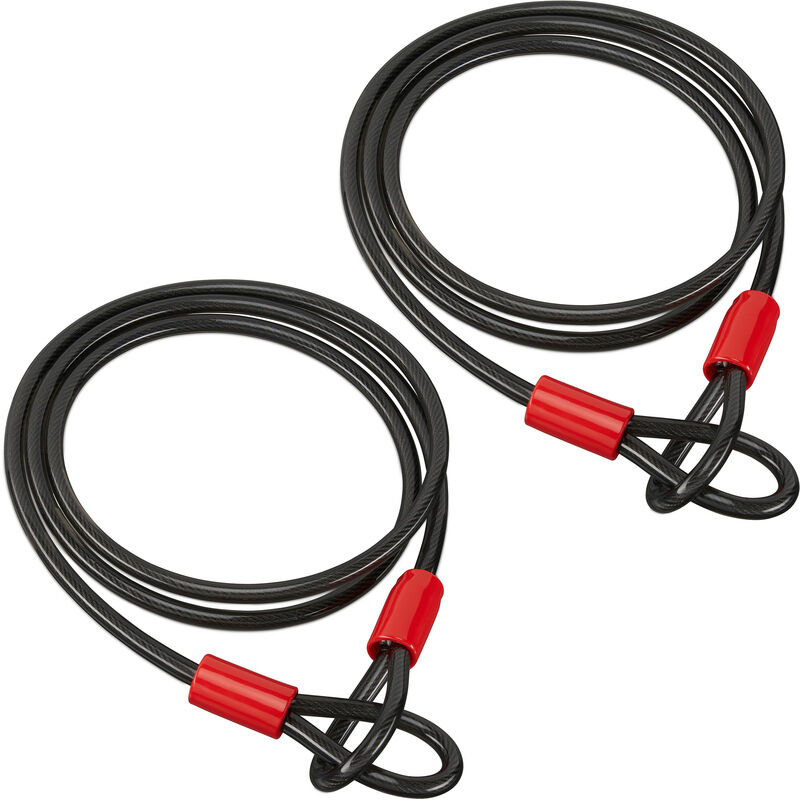 Set of 2 Relaxdays Loop Cable Locks, 2 m, For Bicycle & Luggage, Sleeved Loop Steel Cable, Long Bike Lock, Black
