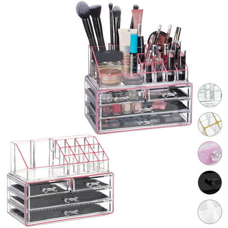 Set of 2 Relaxdays Makeup Organizers with 4 Drawers, Cosmetics Holder for Nail Polish and Lipstick, Kit, Pink-Stripes