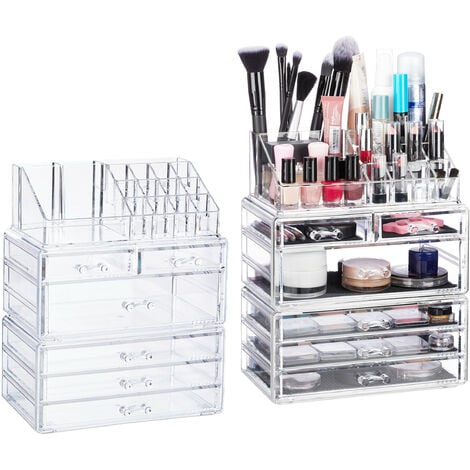 Set of 1 Relaxdays Organiser with 6 Drawers, 22 Compartments for Makeup  Storage, Acrylic Cosmetic Tower