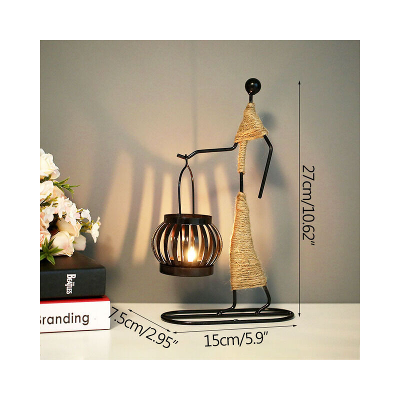 Set of 2 Retro Black Iron Candle Holders for Tables, Vintage Little Girl Shape Candlestick Holder with Hemp Rope for Home, Valentine's Day, Wedding,