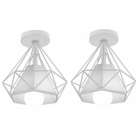 Set of 2 Retro Industrial Ceiling Light Cage Diamond Shape Metal Iron Chandelier Pendant Lamp for Living Room Bedroom Kitchen (White)
