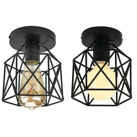 Set of 2 Retro Industrial Metal Ceiling Light Square Black Iron Cube Cage Pendant Light E27 for Living Room Bedroom Cafe Bar Restaurant Hallway Entrance - Black
