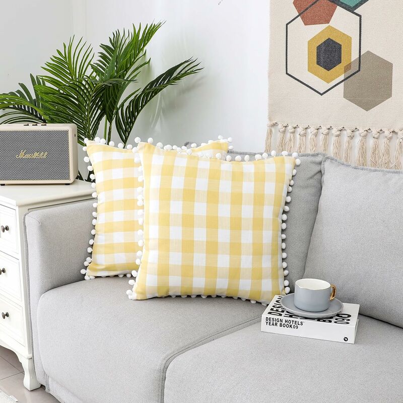 Set Of 2 Retro Yellow Farmhouse Buffalo Plaid Cushion Covers With Pompoms, Gingham Square Decorative Pillow Cases Cushion Cover For Sofa Car, 18 X 18