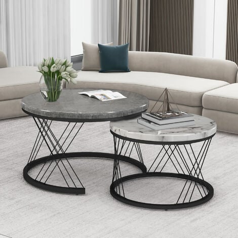 MODERNLUXE Set of 2 Round Coffee Tables, Set of 2 End Table, Metal Frame Legs, and Marble Pattern Top for Living Room - grey