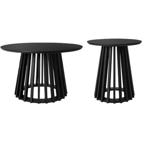 Set of 2 round coffee tables with black wood-effect tops and fir-wood legs, 40cm and 60cm