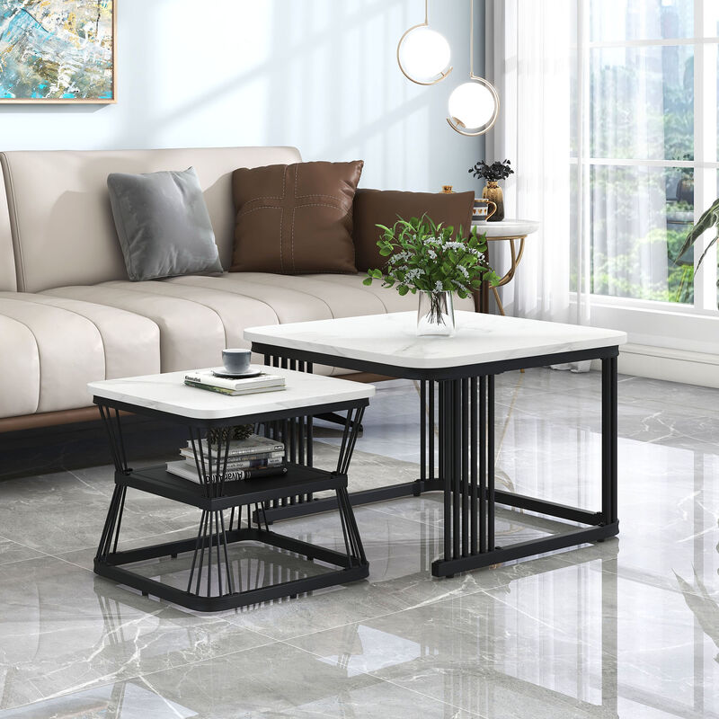 Set Of 2 Square Coffee Tables - Set Nesting Sofa Table - End Side Table - Black Metal Frame Legs And Marble Pattern White Top For Living Room Home