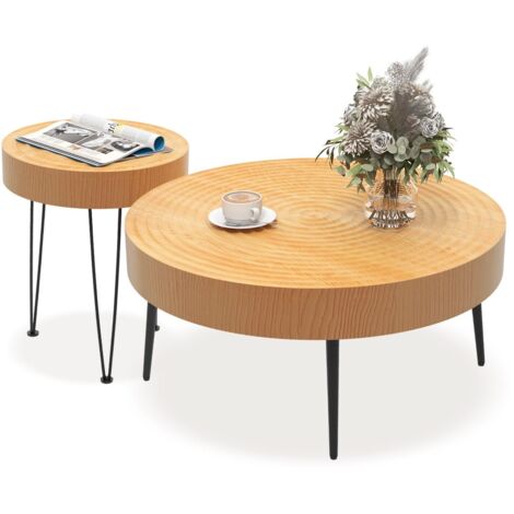 Set of 2 Round Nesting Coffee Table Solid Wood Accent Stacking Boho Side Tables