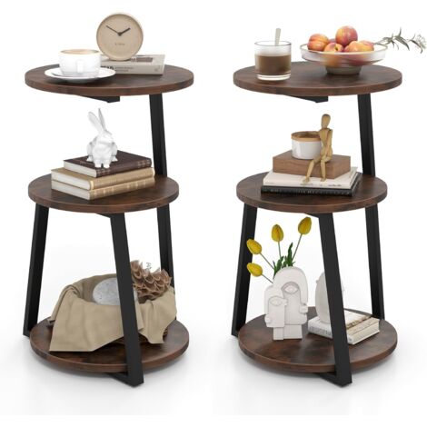 Set of 2 Round Side Tables with Metal Frame & Adjustable Foot Pads