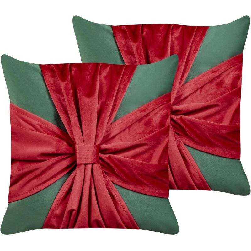 Beliani - Set Of 2 Scatter Cushions Fabric Velvet Throw Pillow Christmas Present Motif 45 X 45 Cm Green And Red Marshmallow