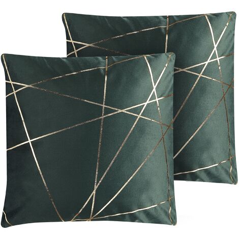 main image of "Set of 2 Scatter Cushions Gold Geometric Pattern 45 x 45 cm Velvet Green Pinus"