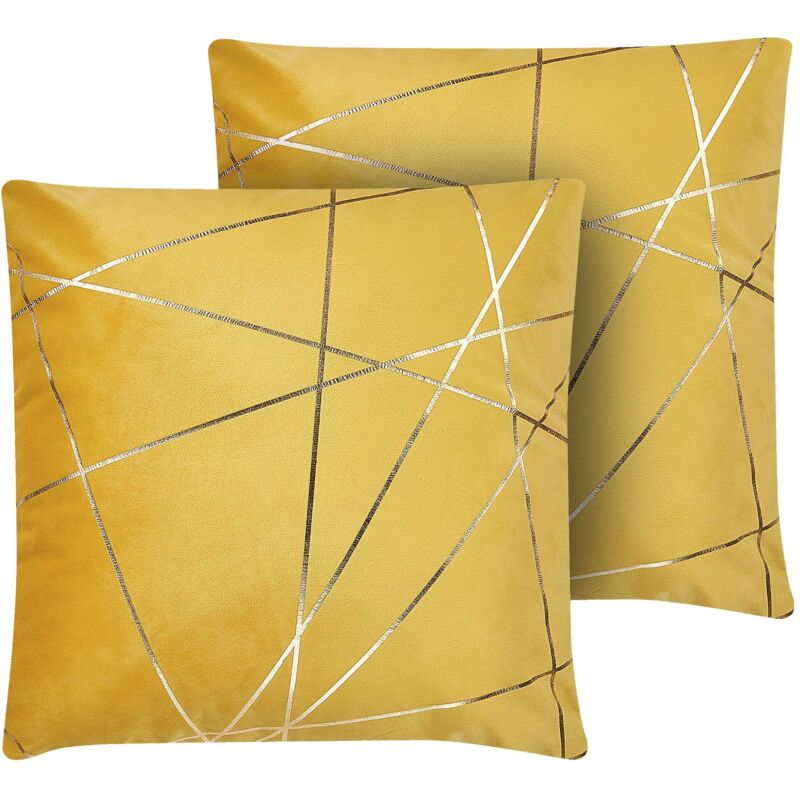 Beliani - Set Of 2 Scatter Cushions Gold Geometric Pattern 45 X 45 Cm Velvet Yellow Pinus