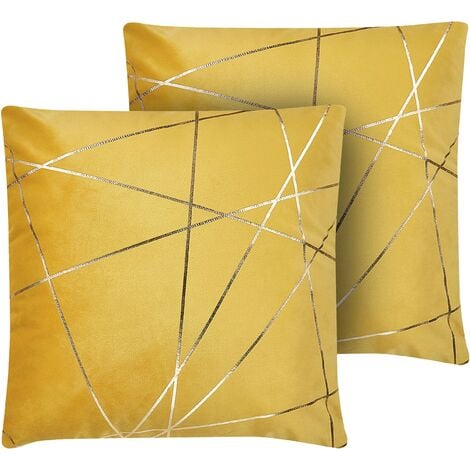 main image of "Set of 2 Scatter Cushions Gold Geometric Pattern 45 x 45 cm Velvet Yellow Pinus"