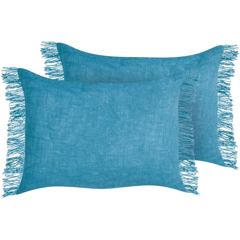 Beliani - Set Of 2 Scatter Cushions Rectangle Throw Pillow Fringed 35 X 50 Cm Blue Maba