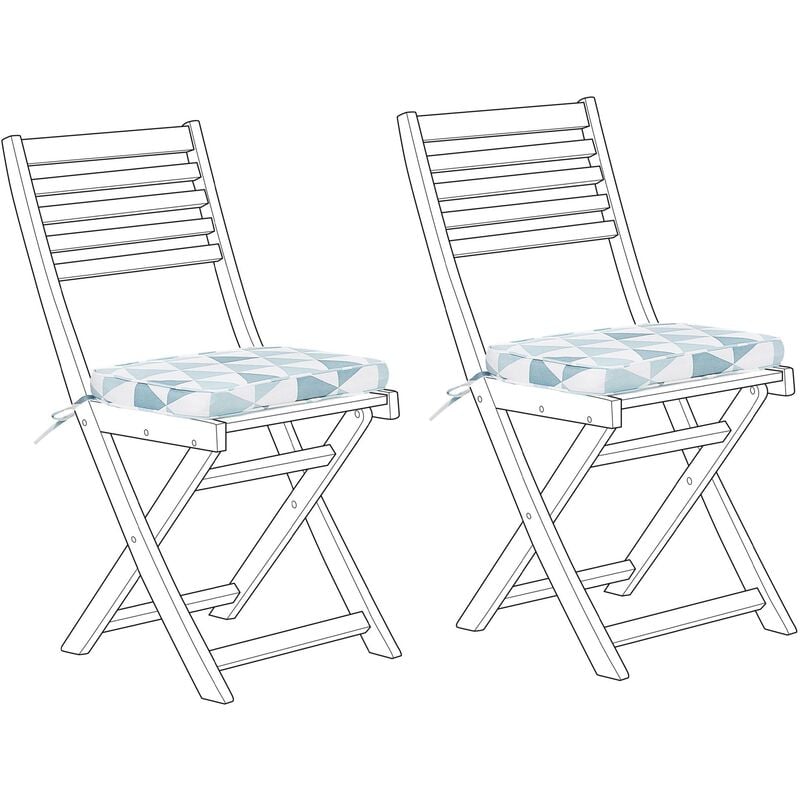 Set of 2 Chair Seat Cushion Pads Indoor Outdoor Blue and White Geometric Fiji