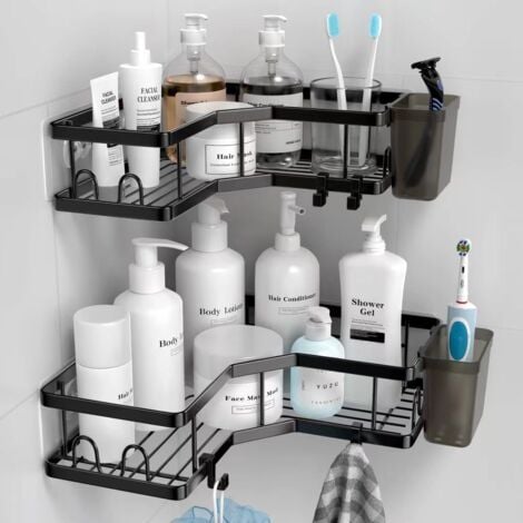 COOCHEER Set of 2 shower shelves Corner Bathroom Shelf No-Drill Stainless Steel Shelf with 1 Toothpaste Holder 8 Hooks and 6 Adhesives Shower Storage Black