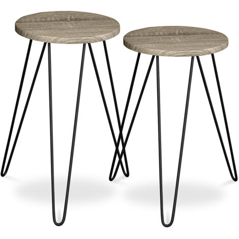 Set of 2 Side Tables - Industrial Design - Wood and Metal - Hairpin Natural wood